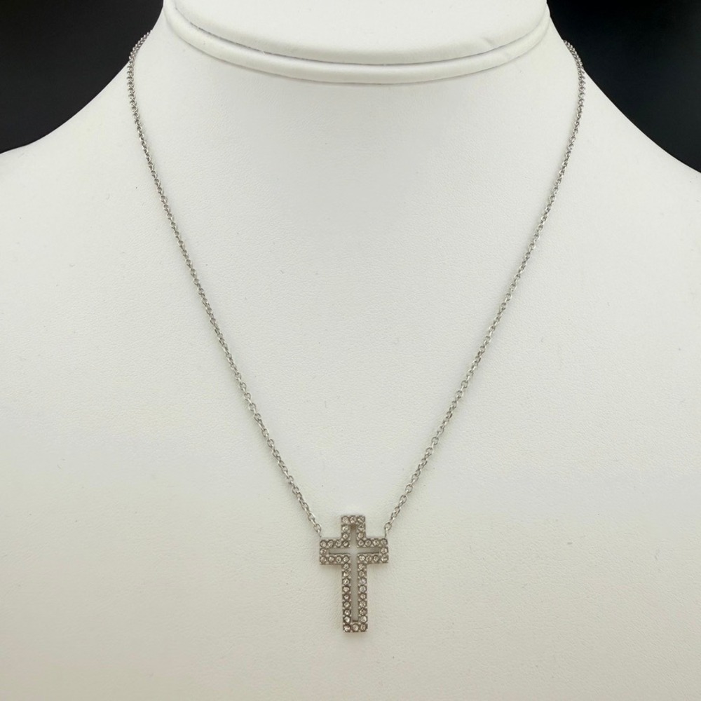 Michael Kors Necklace Crystal Cross Pendant Silver Tone Y2K